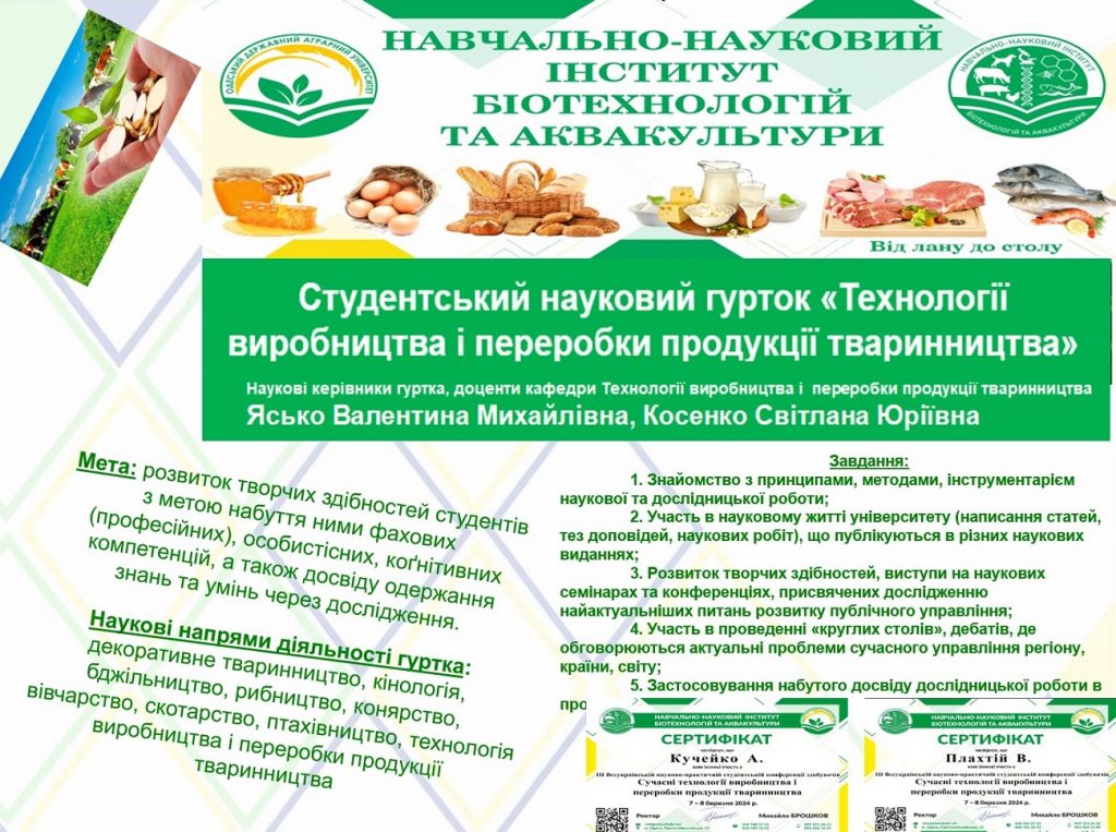 Гурток Технологія виробництва і переробки продукції тваринництва